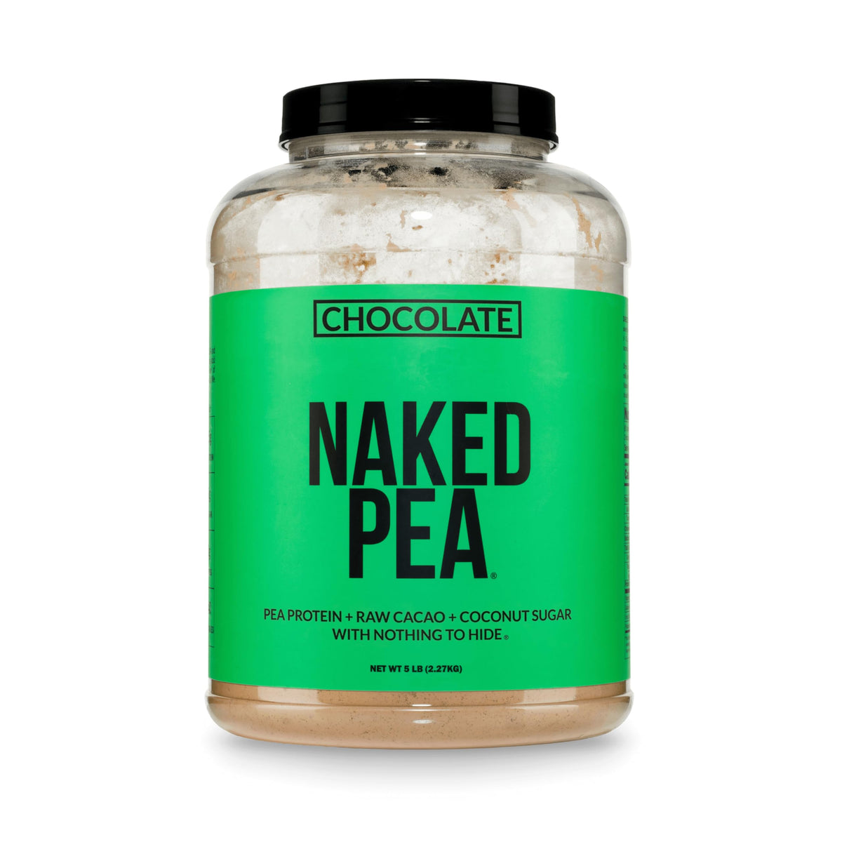 NAKED frente del envase mostrando 5 lb y sello de chocolate, conveniencia al comprar