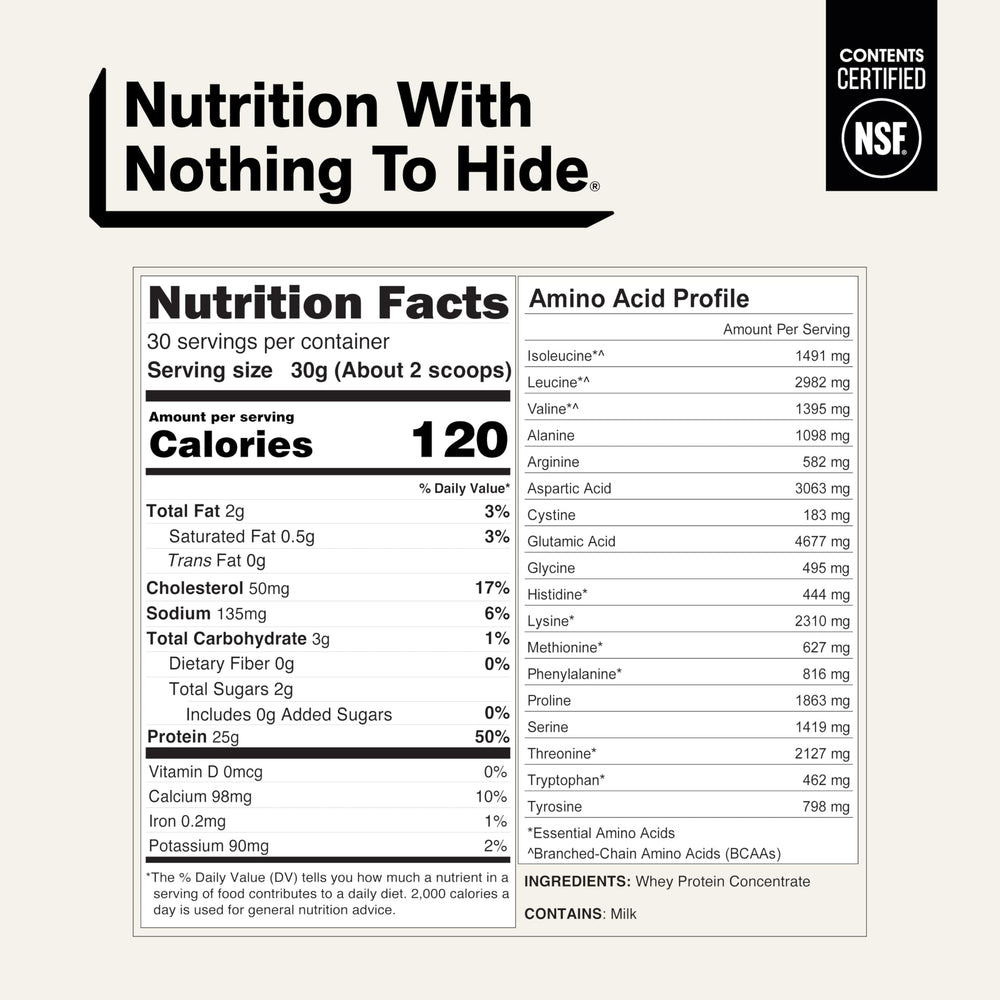 NAKED Whey etiqueta nutricional detallando 25g proteína por porción