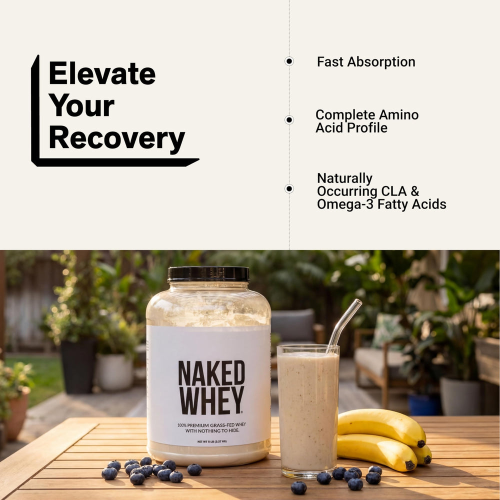 NAKED Whey comparación de tamaño del envase y porciones disponibles