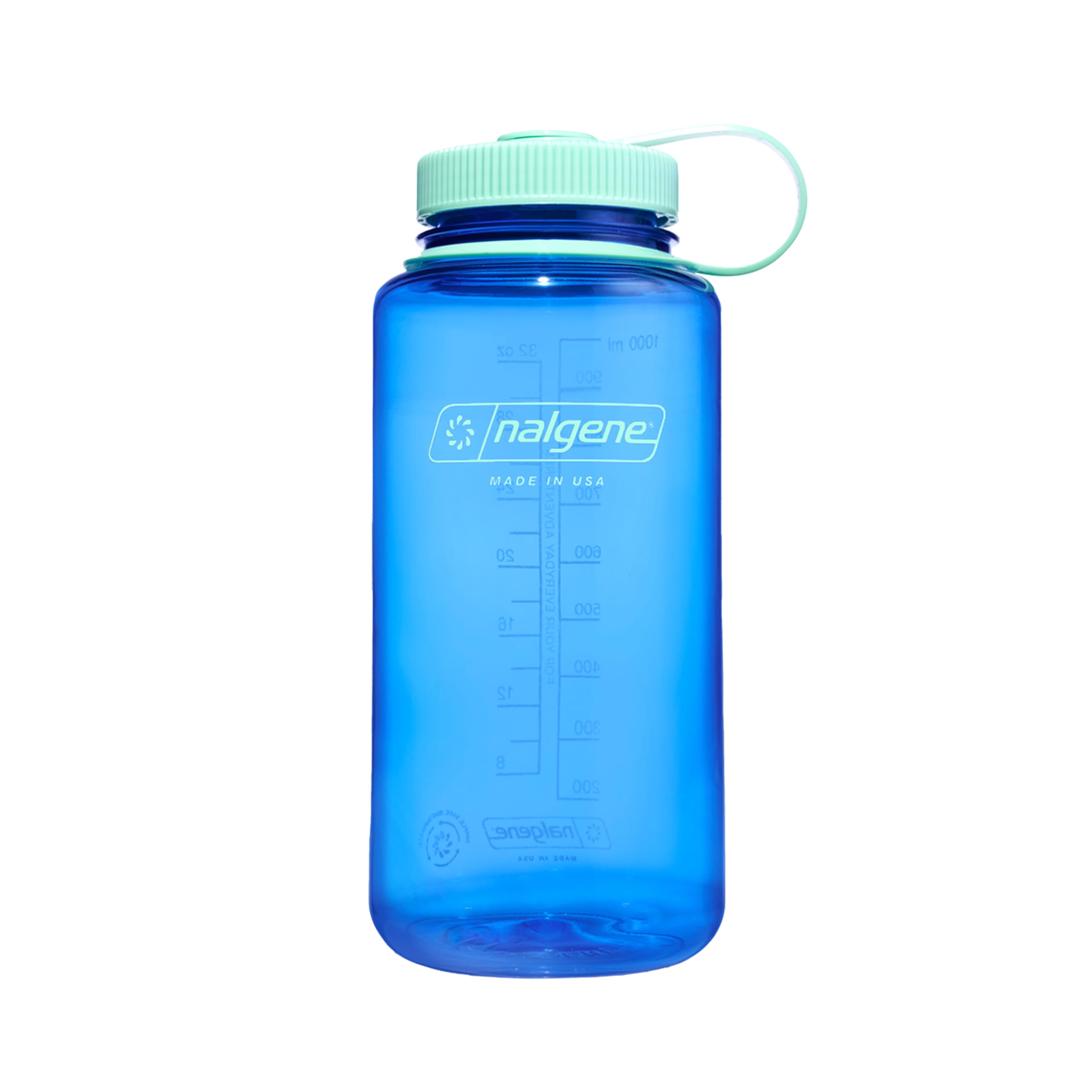 Nalgene botella cornflower vista frontal mostrando capacidad 32 oz y color vibrante