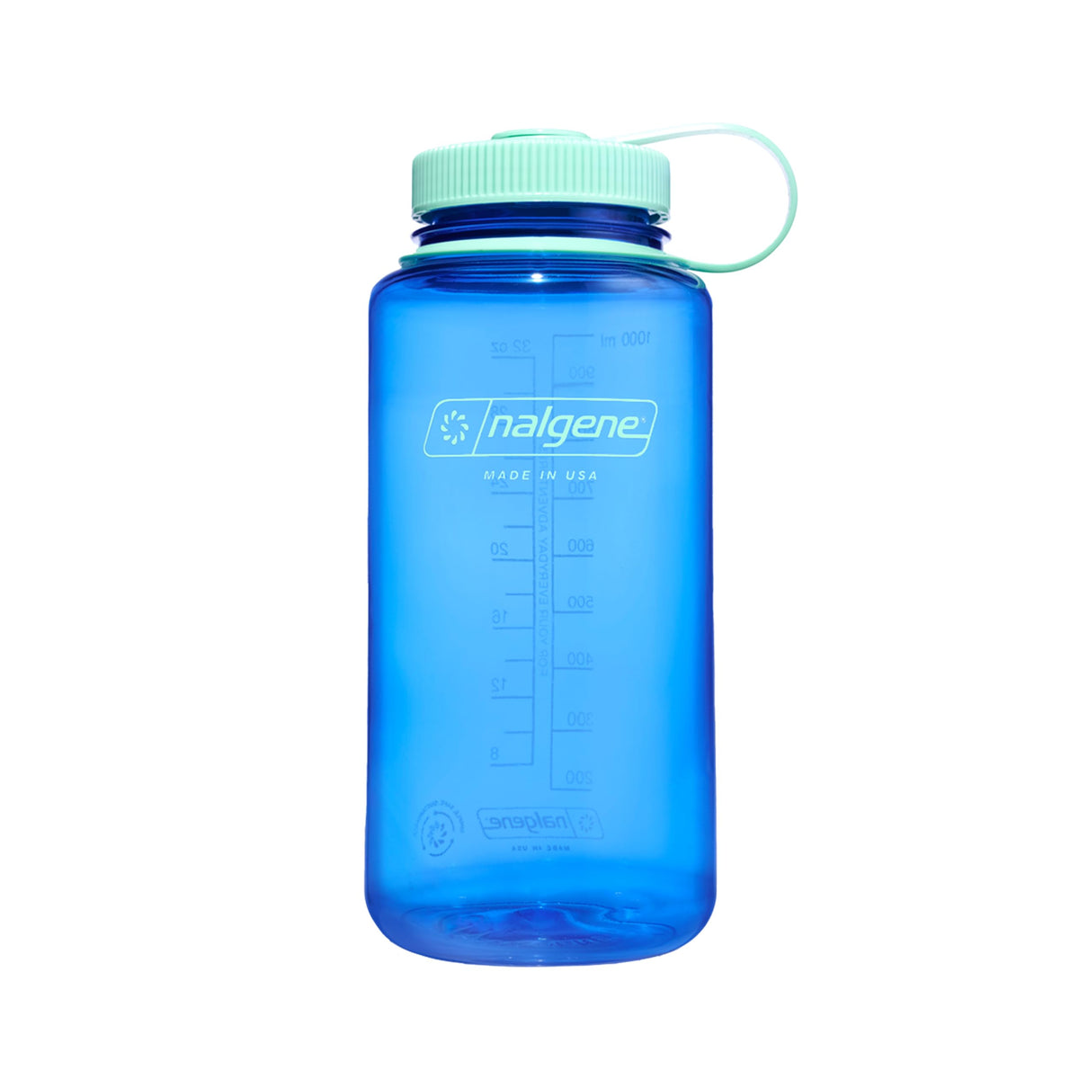 Nalgene botella cornflower vista frontal mostrando capacidad 32 oz y color vibrante
