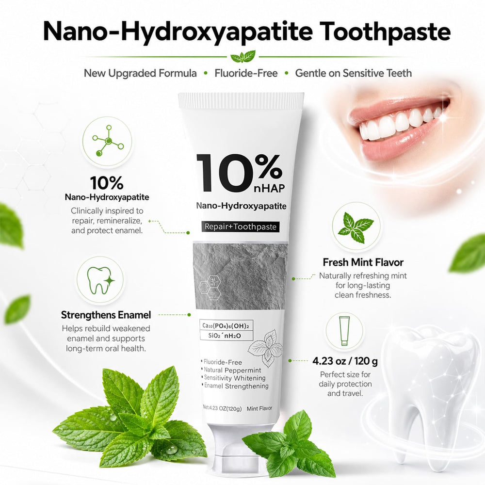 Generic nano-hydroxyapatite persona cepillando mostrando limpieza y frescura