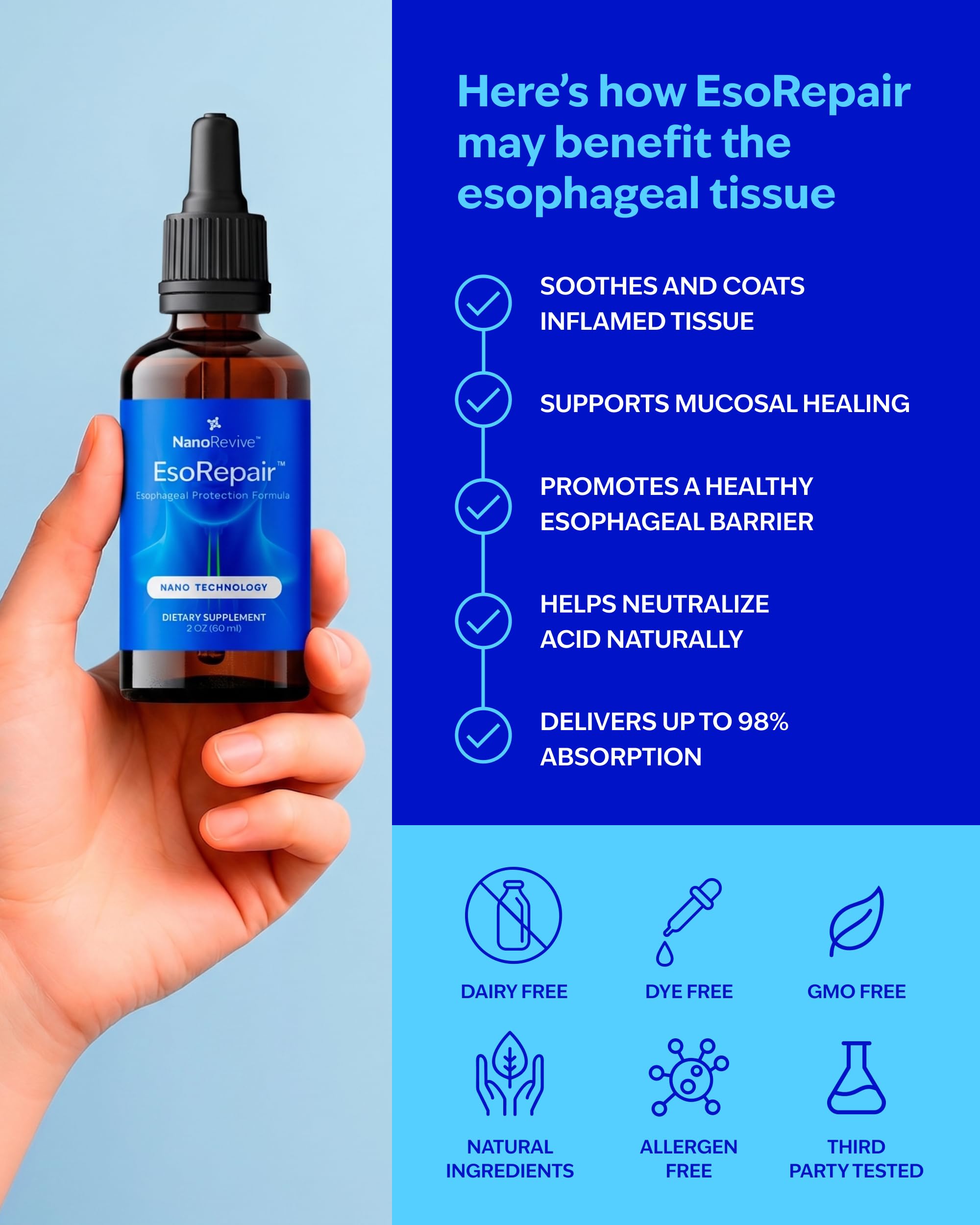 NANOREVIVE EsoRepair persona tomando la dosis para mayor comodidad digestiva