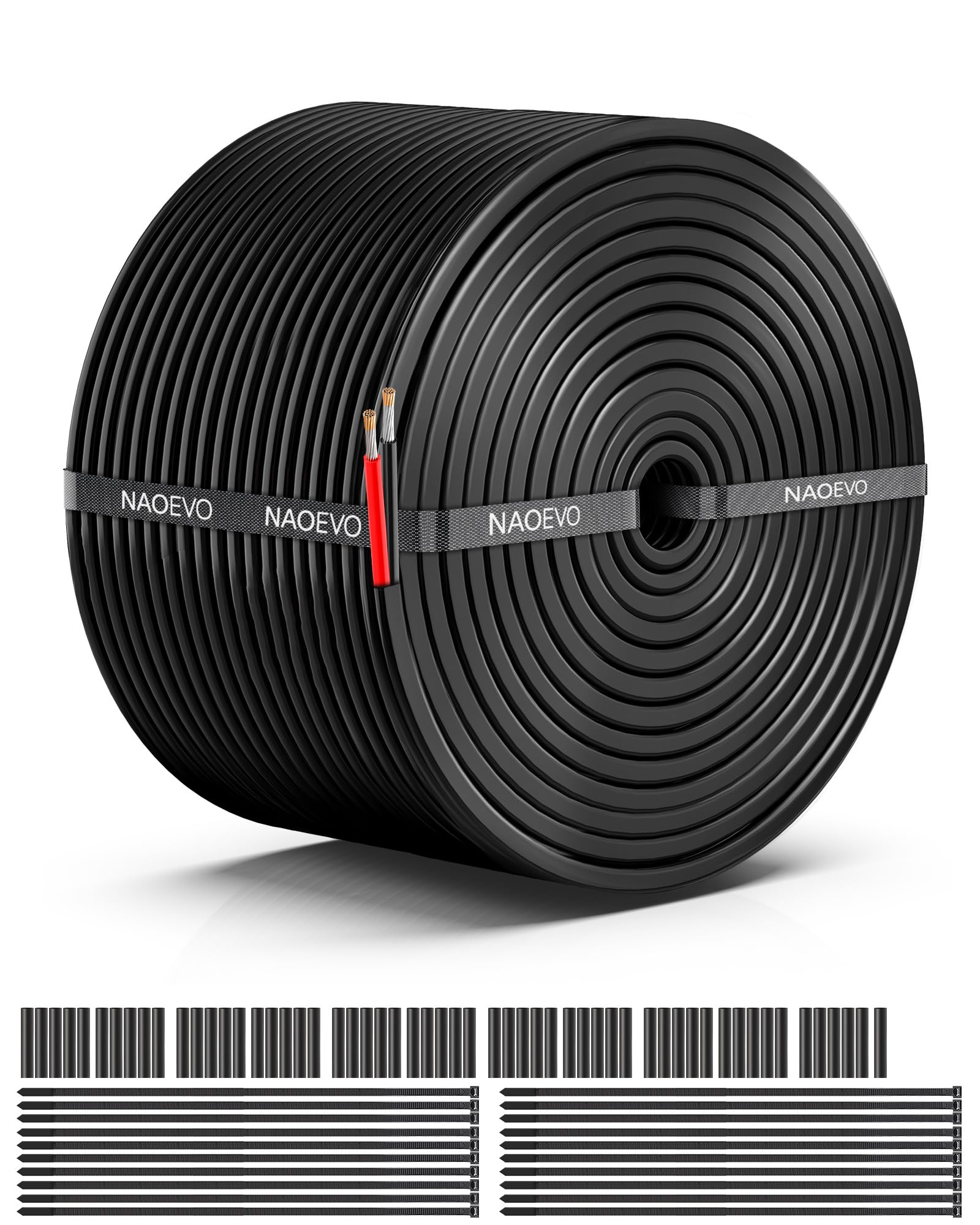 NAOEVO vista frontal del rollo 16 AWG 50FT con etiqueta clara y beneficios