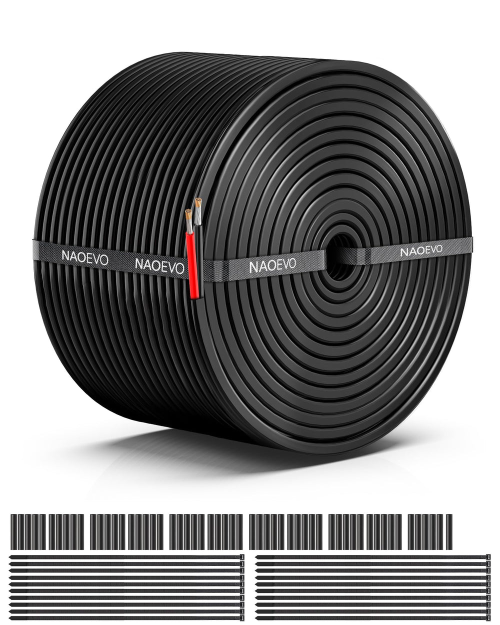 NAOEVO vista frontal del rollo 16 AWG 50FT con etiqueta clara y beneficios