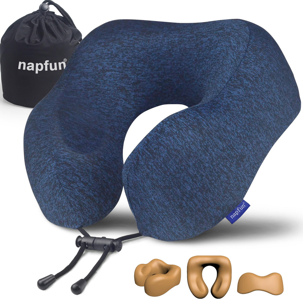napfun vista frontal del cojín azul oscuro mostrando apoyo cervical y forma envolvente