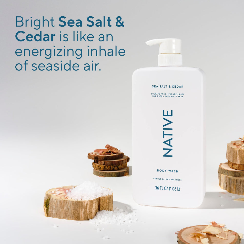 Native etiqueta Sea Salt & Cedar, visualización de fragancia marina amaderada