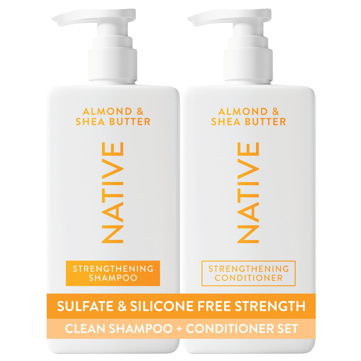 Native frente del pack Almendra & Shea Butter mostrando envases y beneficio limpieza suave
