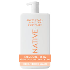 Native botella 36 oz frontal mostrando tamaño y etiqueta, ideal para ahorro