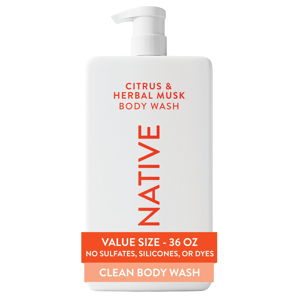 Native gel de ducha frente mostrando etiqueta y tamaño 36 oz para ahorro familiar
