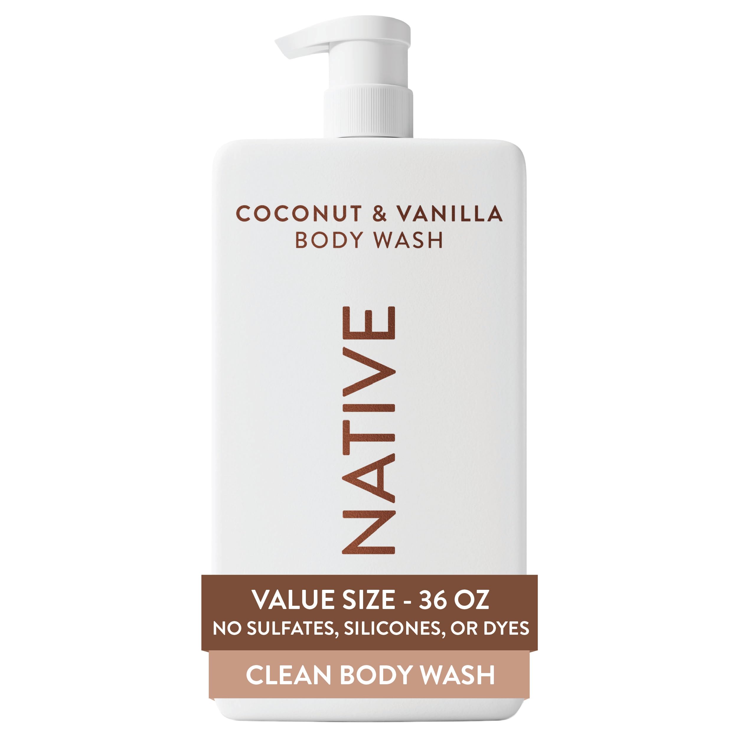 Native gel de ducha vista frontal con bomba, presenta formato ahorro 36 oz