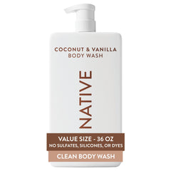 Native gel de ducha vista frontal con bomba, presenta formato ahorro 36 oz