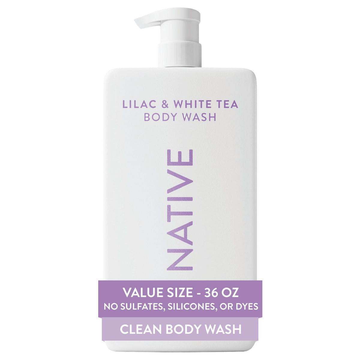 Native botella frontal de 36 oz mostrando la fragancia lilac y white tea, ideal para ahorrar