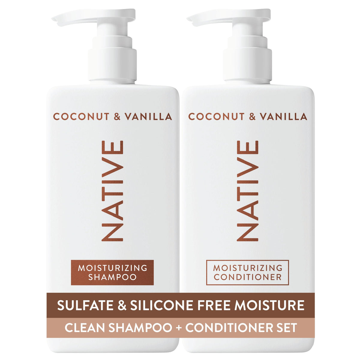 Native pack frontal mostrando champú y acondicionador con aroma coco y vainilla