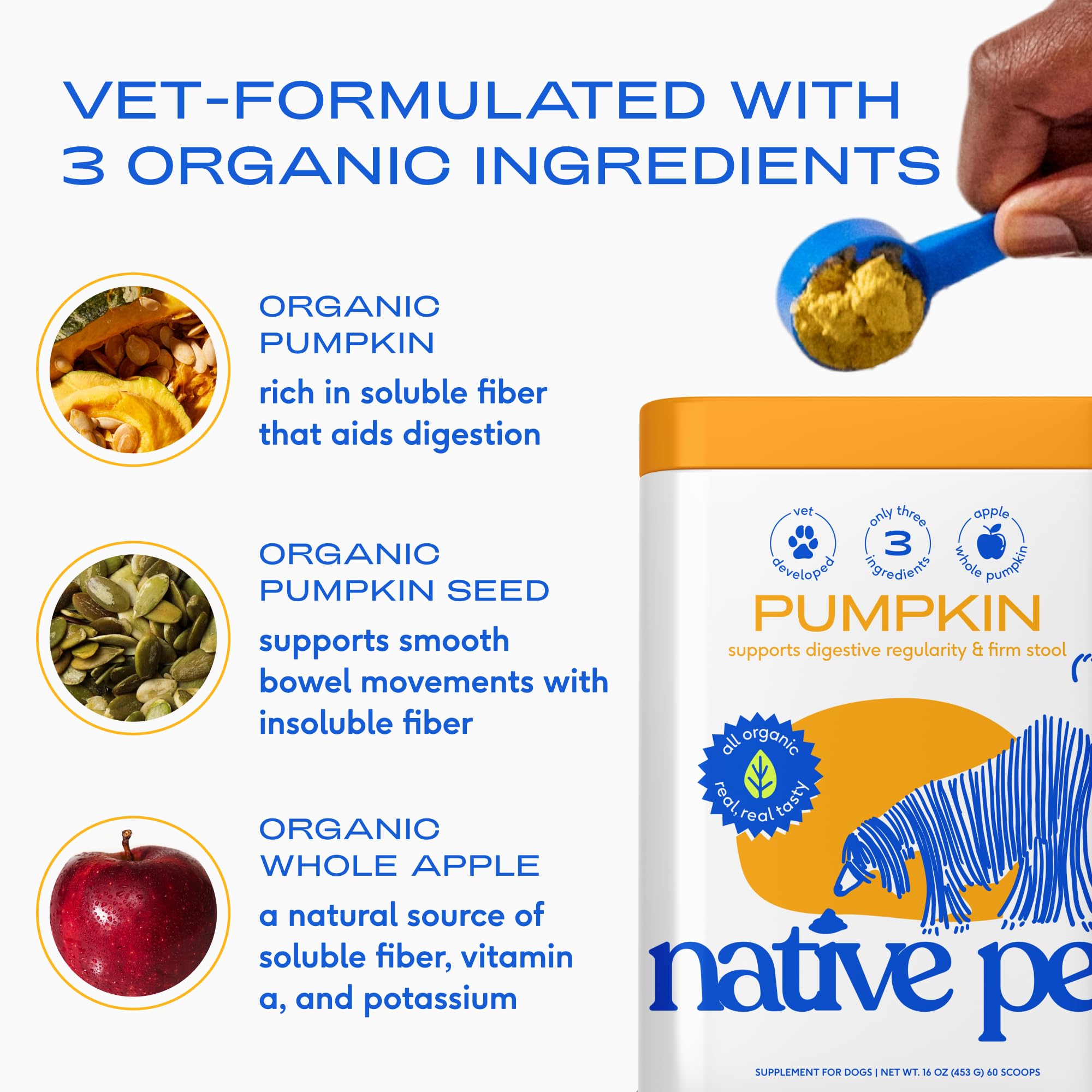 Native Pet cucharada medidora con polvo para dosificar apoyo digestivo preciso