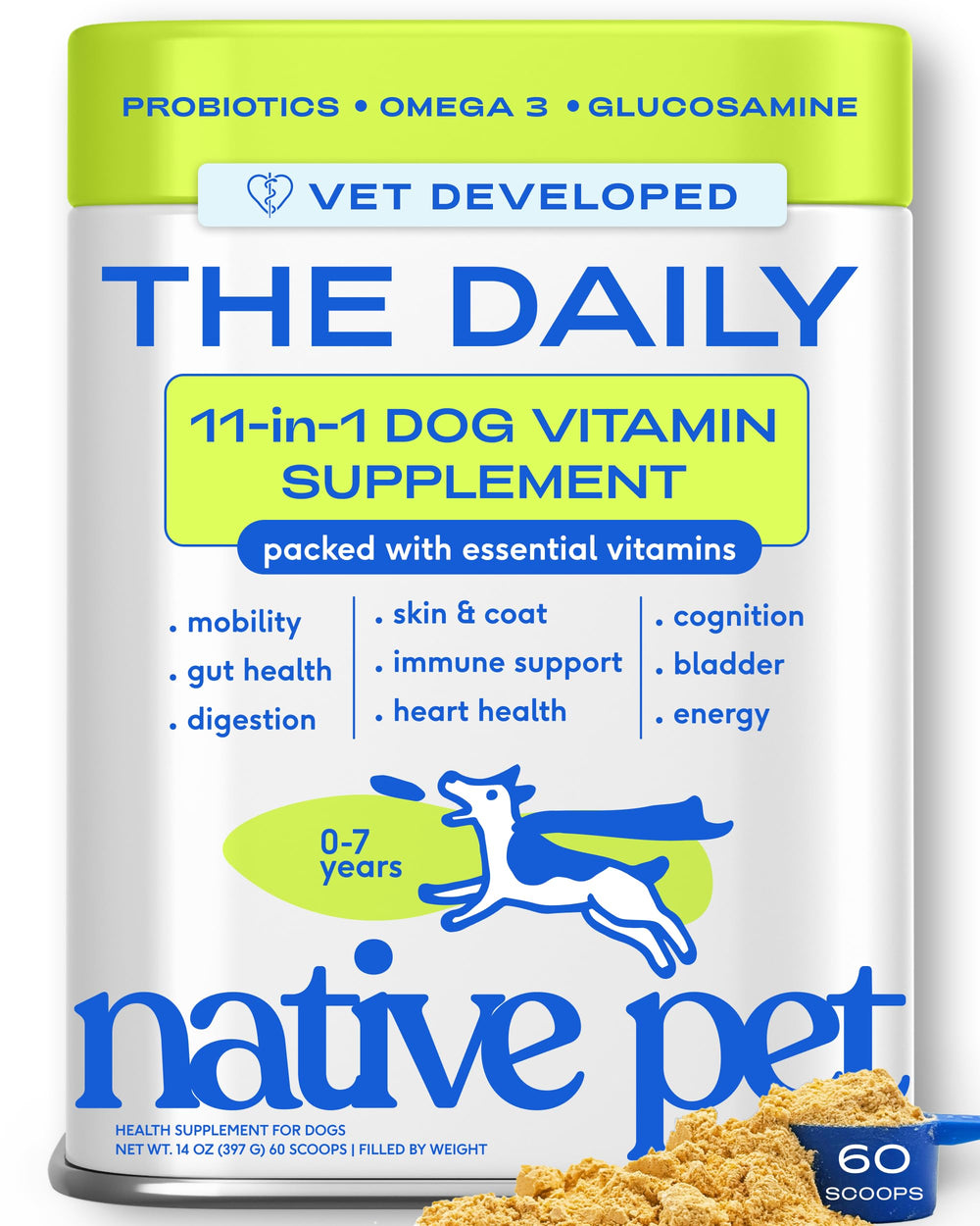 Native Pet envase frontal mostrando fórmula 11 en 1 y beneficio integral