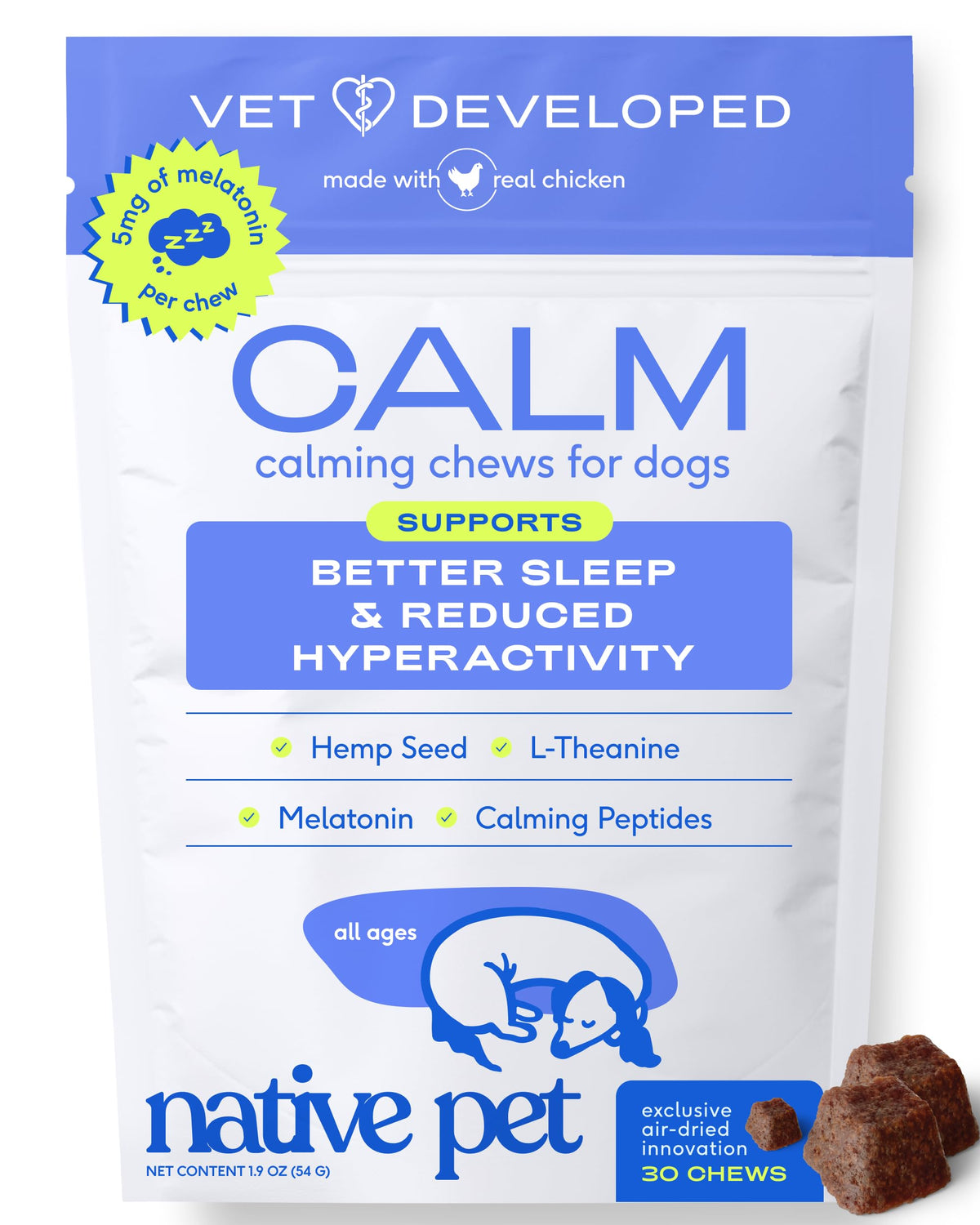 Native Pet caja delantera mostrando 30 masticables y beneficio de etiqueta limpia