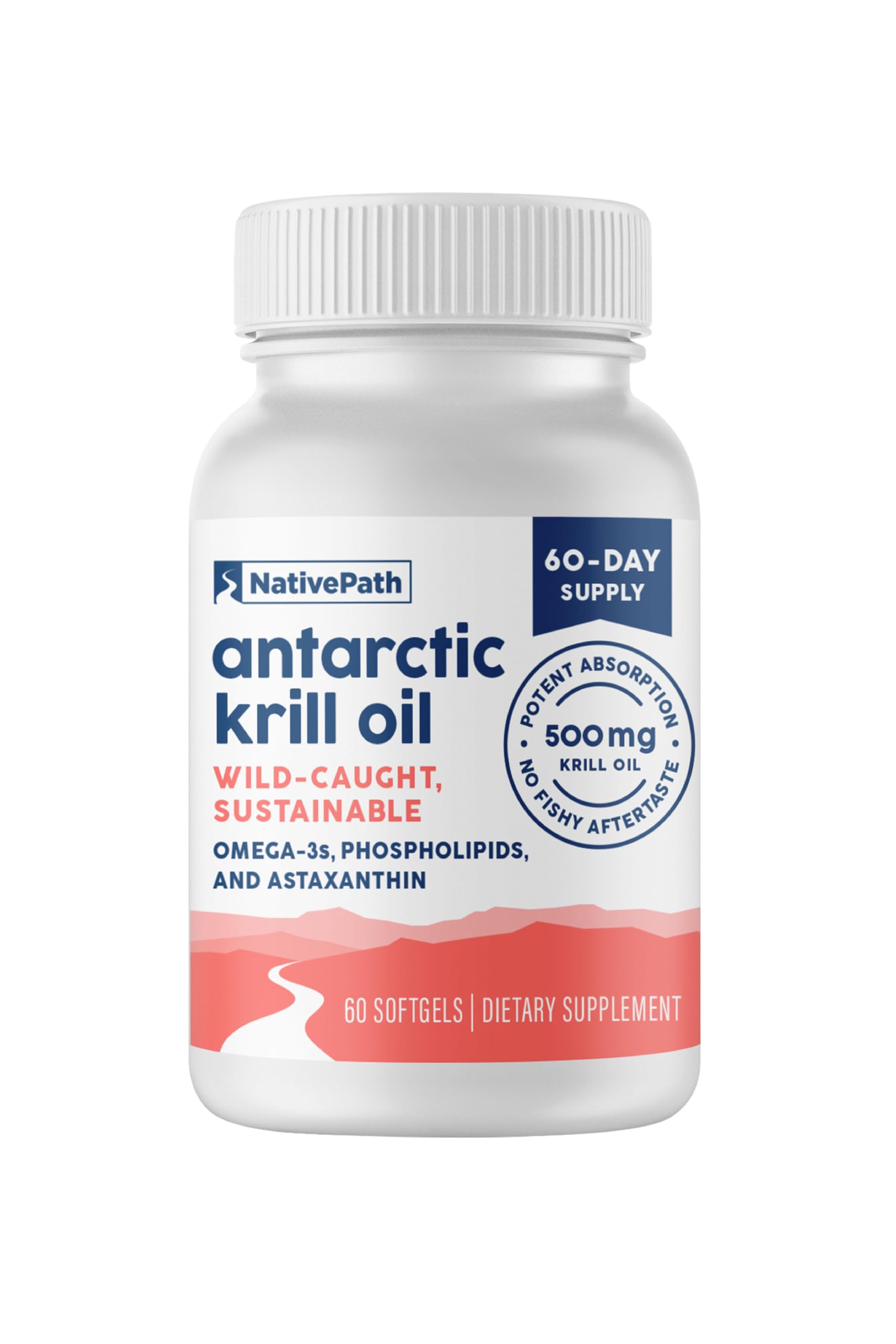 NativePath envase frontal de Antarctic Krill Oil que muestra 60 softgels y beneficio de pureza