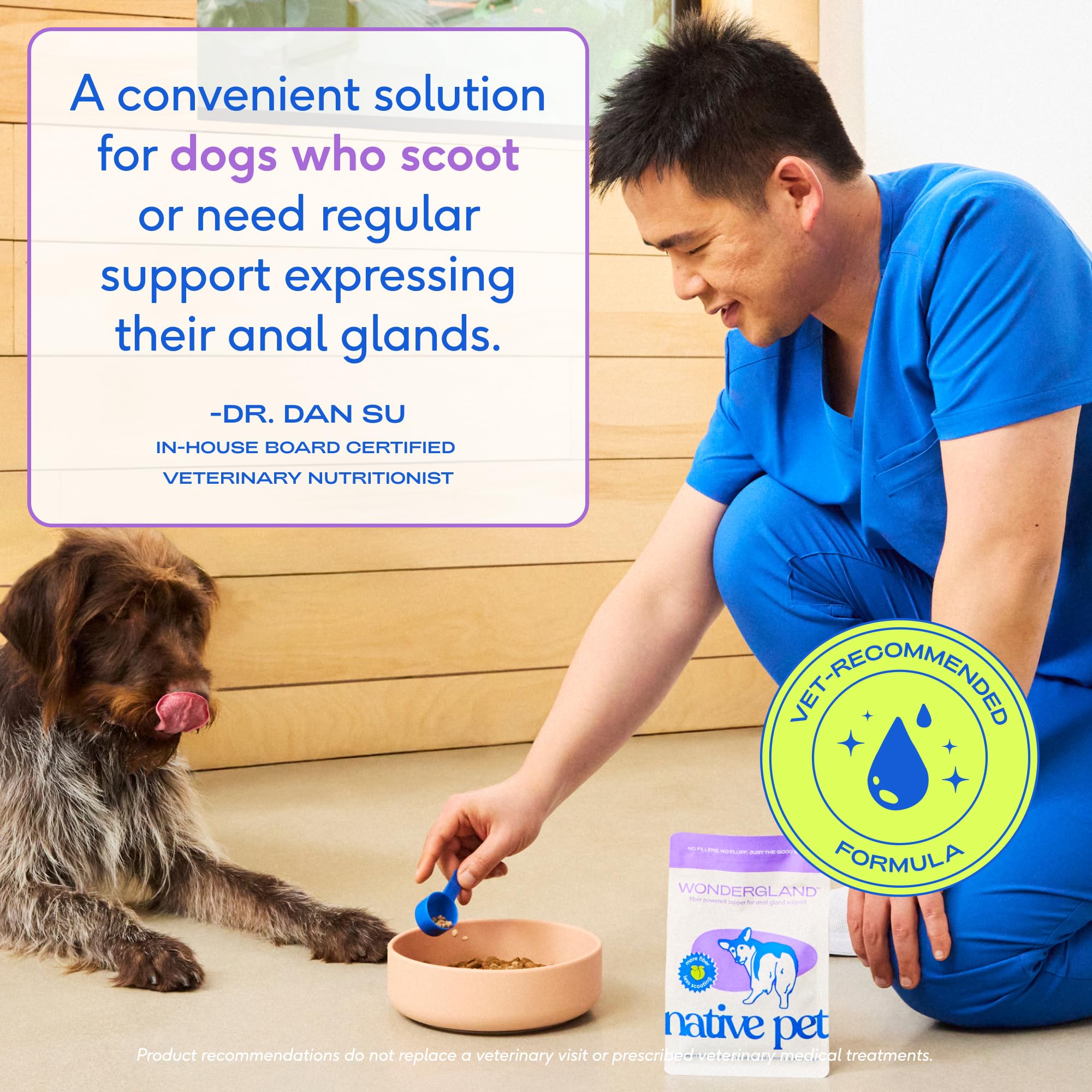 Native Pet polvo espolvoreado sobre kibble mejorando la consistencia de heces