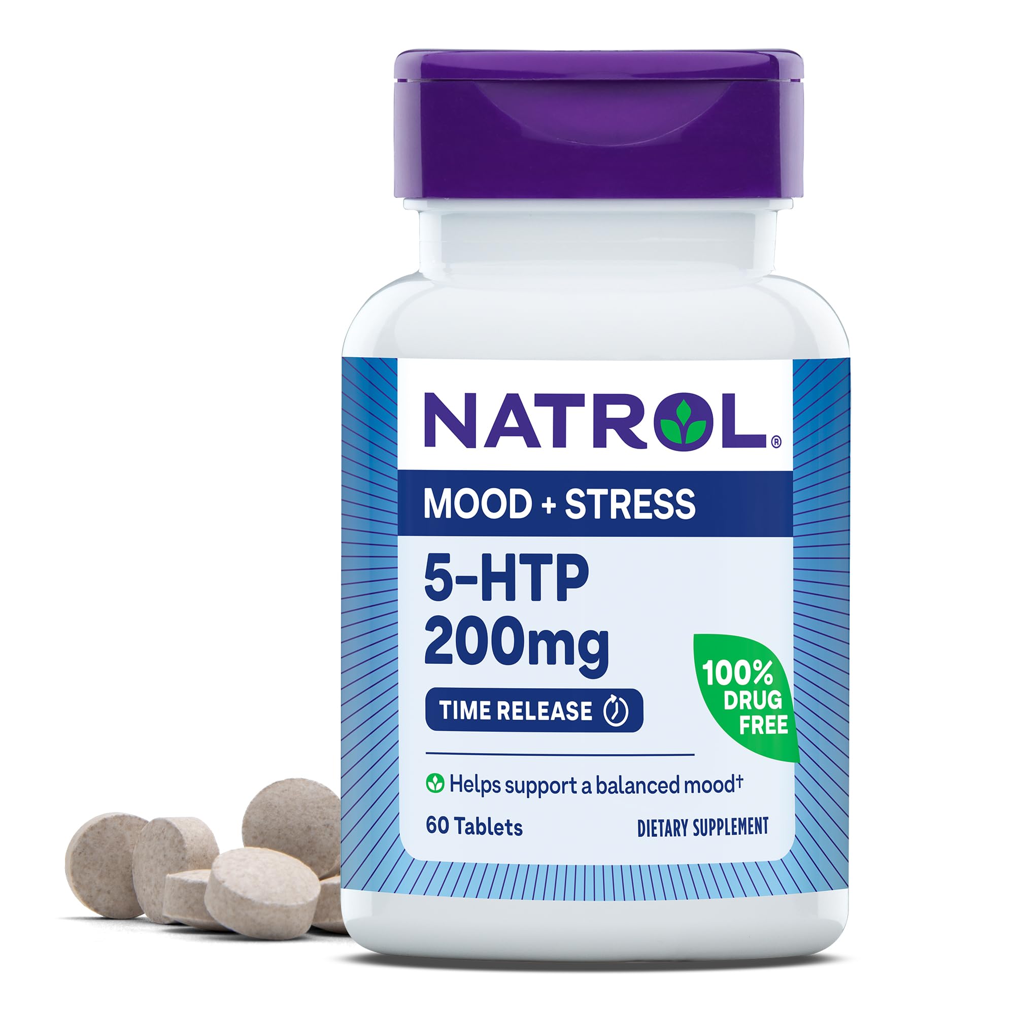 Natrol botella frontal mostrando 5-HTP 200 mg y beneficio de apoyo al ánimo