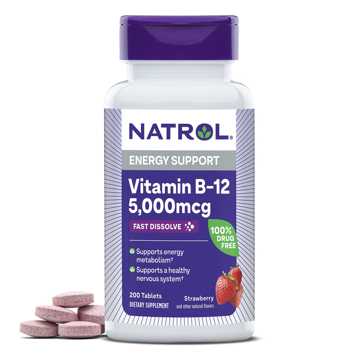 Natrol envase frontal con 200 tabletas mostrando la marca y beneficio de energía