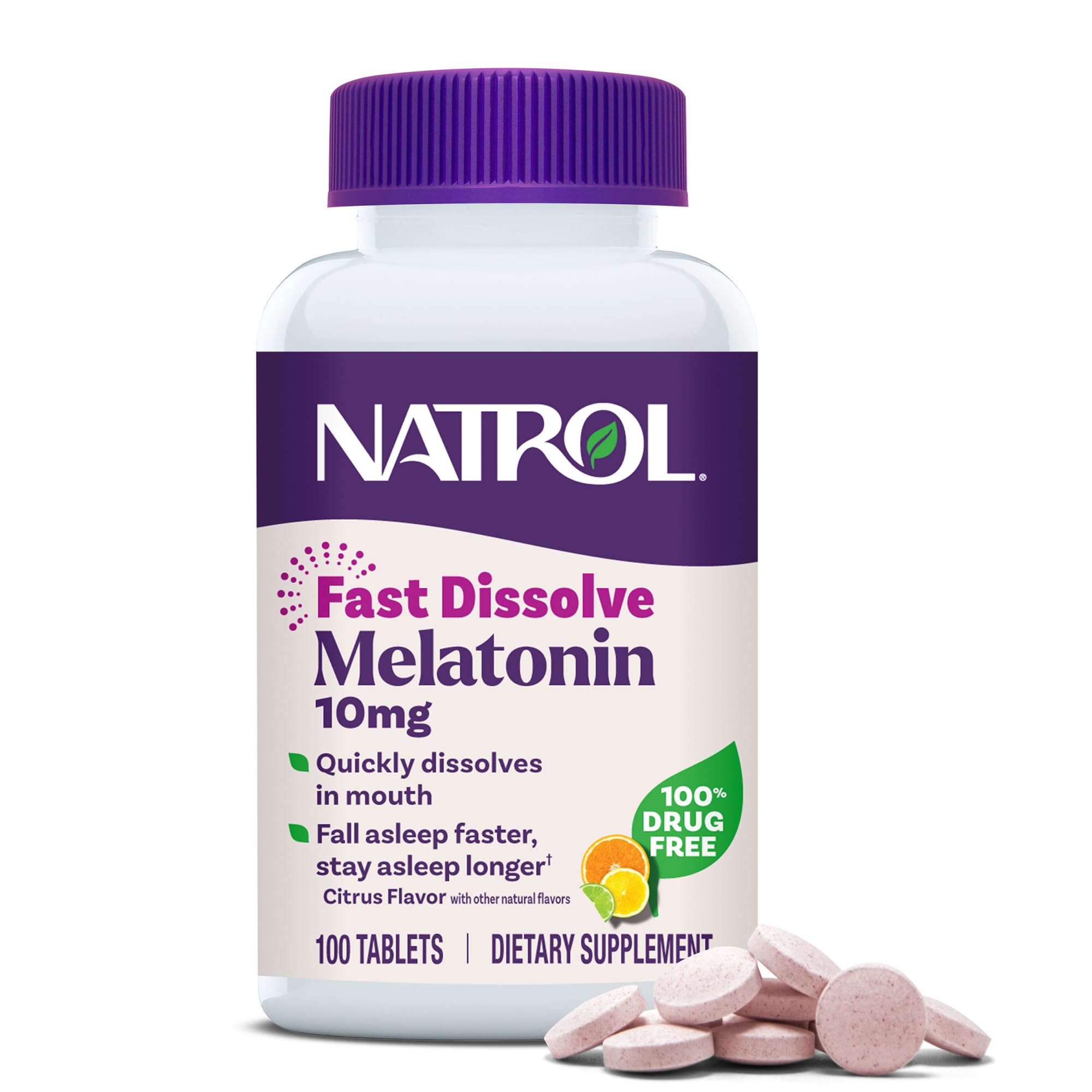 Natrol empaque frontal mostrando 100 tabletas y beneficios prácticos
