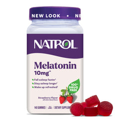 Natrol frasco frontal mostrando 140 gomitas y beneficio de conveniencia