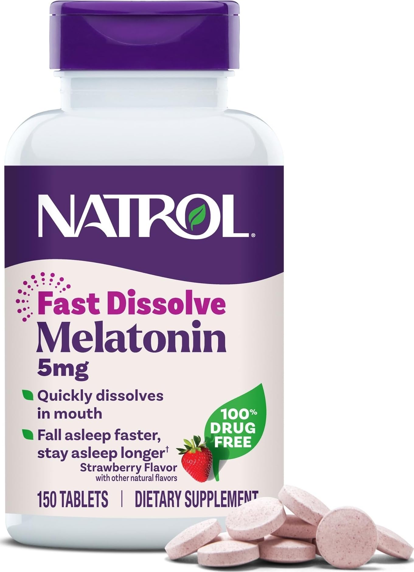 Natrol empaque frontal mostrando 150 tabletas y conveniencia