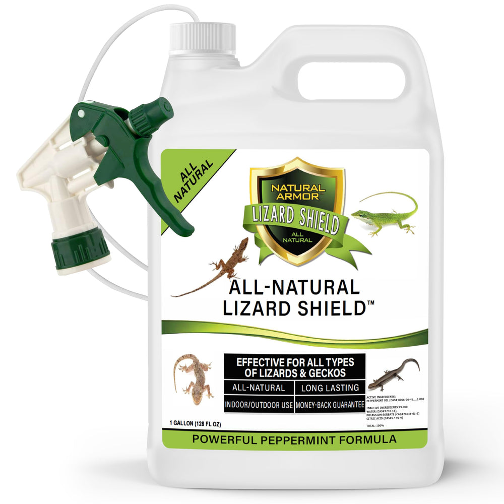 Natural Armor envase frontal mostrando etiqueta y capacidad de 1 galón para control de lagartijas