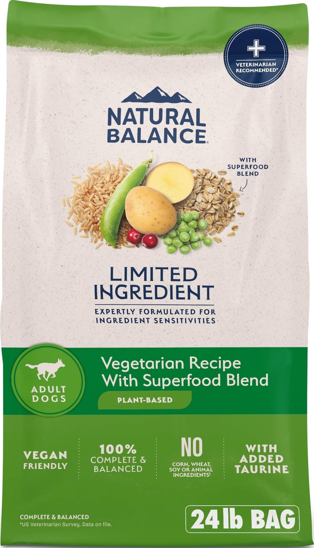Natural Balance frente del empaque mostrando la receta vegetariana y claridad de ingredientes