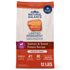 Natural Balance empaque frontal mostrando salmón y batata beneficios nutricionales