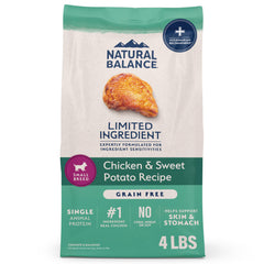 Natural Balance frente del paquete mostrando receta pollo y batata y beneficios