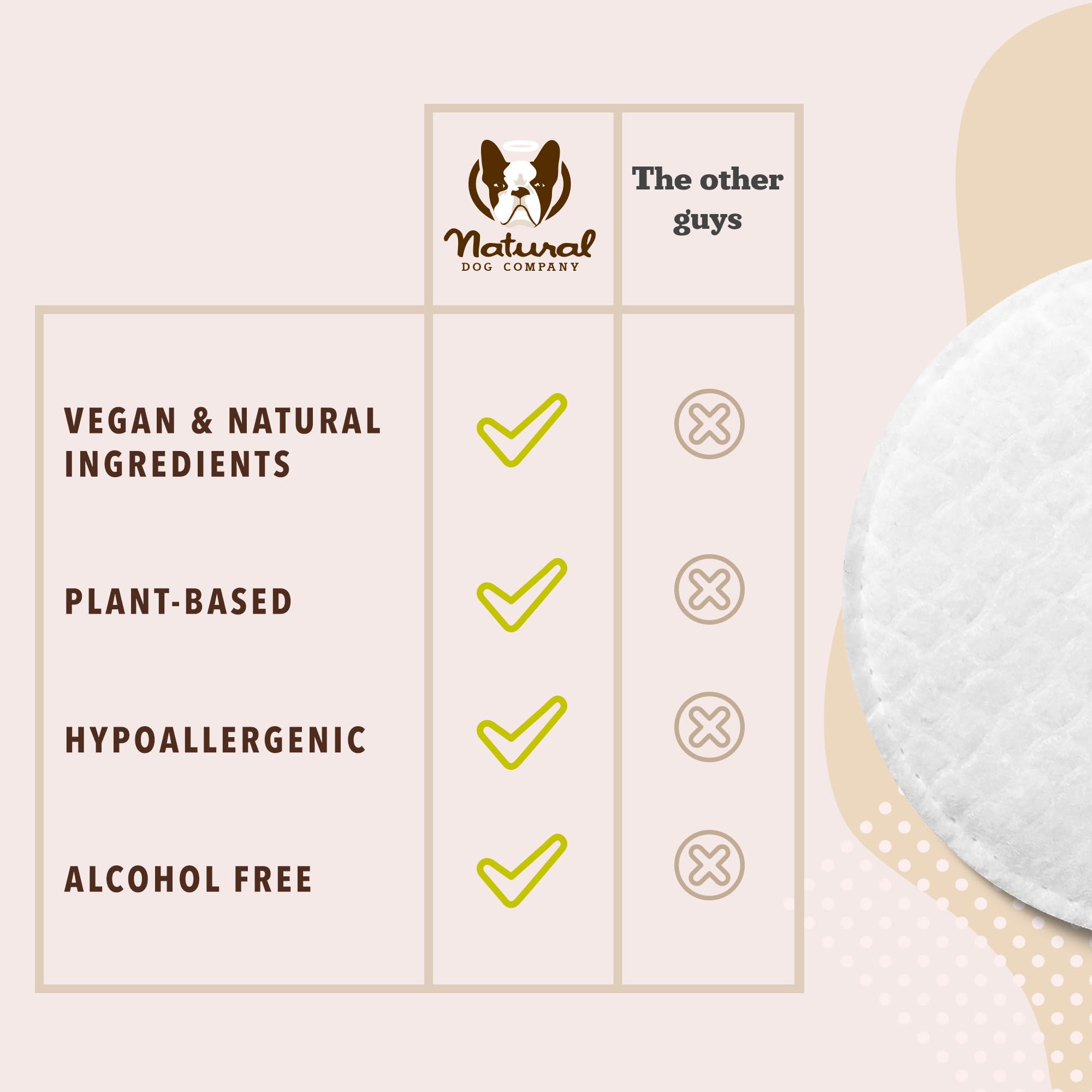 Natural Dog Company toallita en mano mostrando tamaño práctico de uso