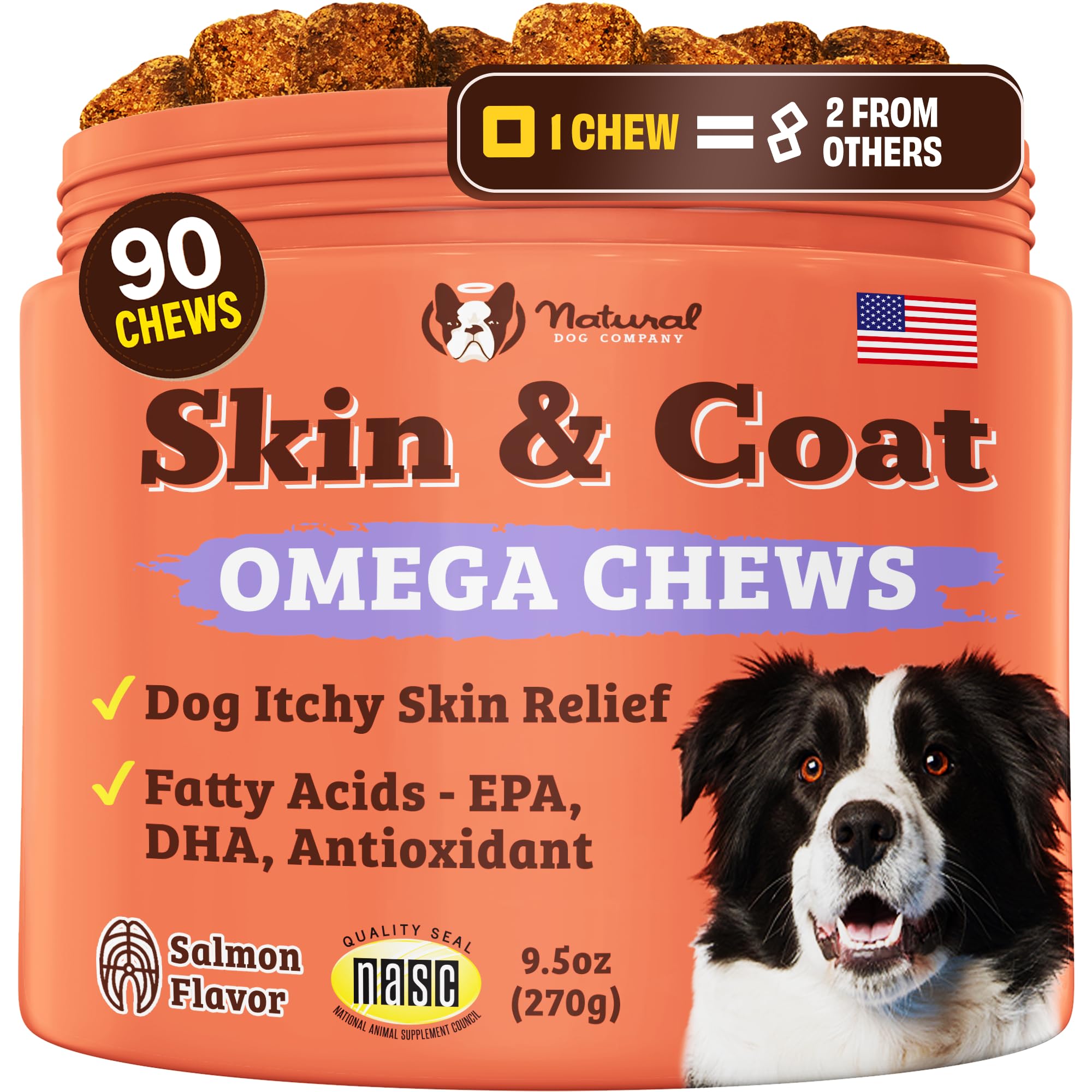 Natural Dog Company envase frontal mostrando 90 masticables y beneficios