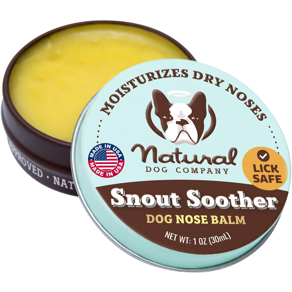 Natural Dog Company lata frontal mostrando el bálsamo para nariz hidratación inmediata
