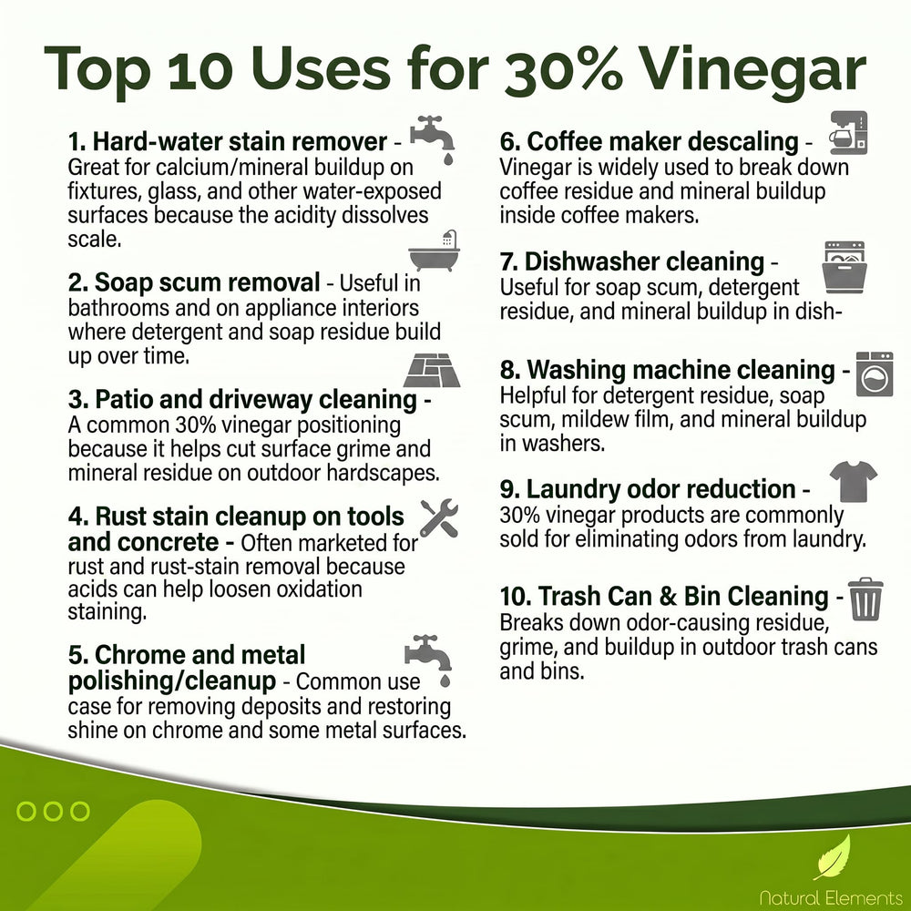Natural Elements galón de vinagre 30% junto a objetos para comparar tamaño
