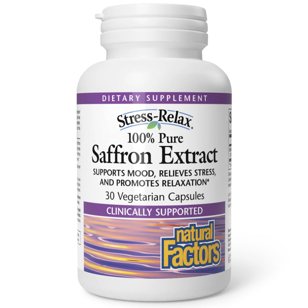 Natural Factors envase frontal mostrando Affron y beneficios de calma