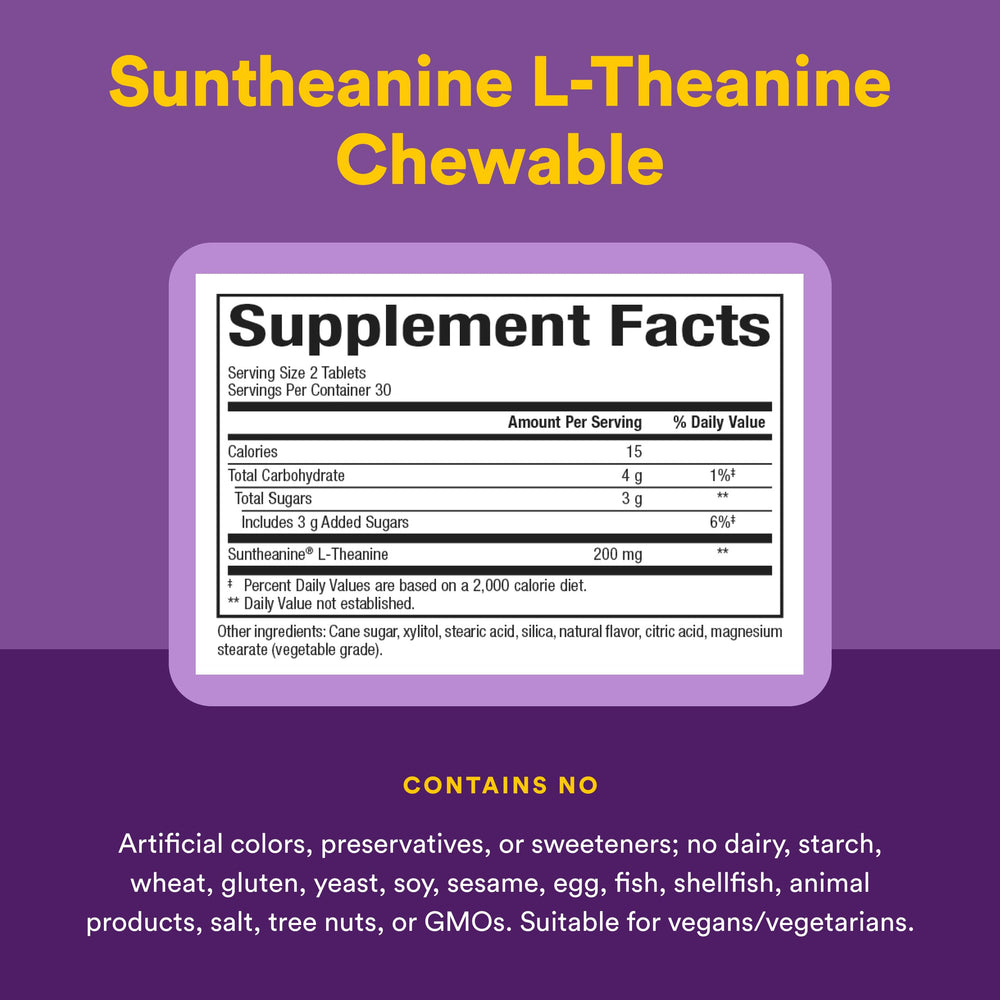 Natural Factors etiqueta destacando Suntheanine y pureza certificada