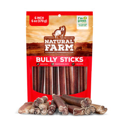 Natural Farm empaque frontal mostrando bolsa de bully sticks de 6 onzas y beneficio natural