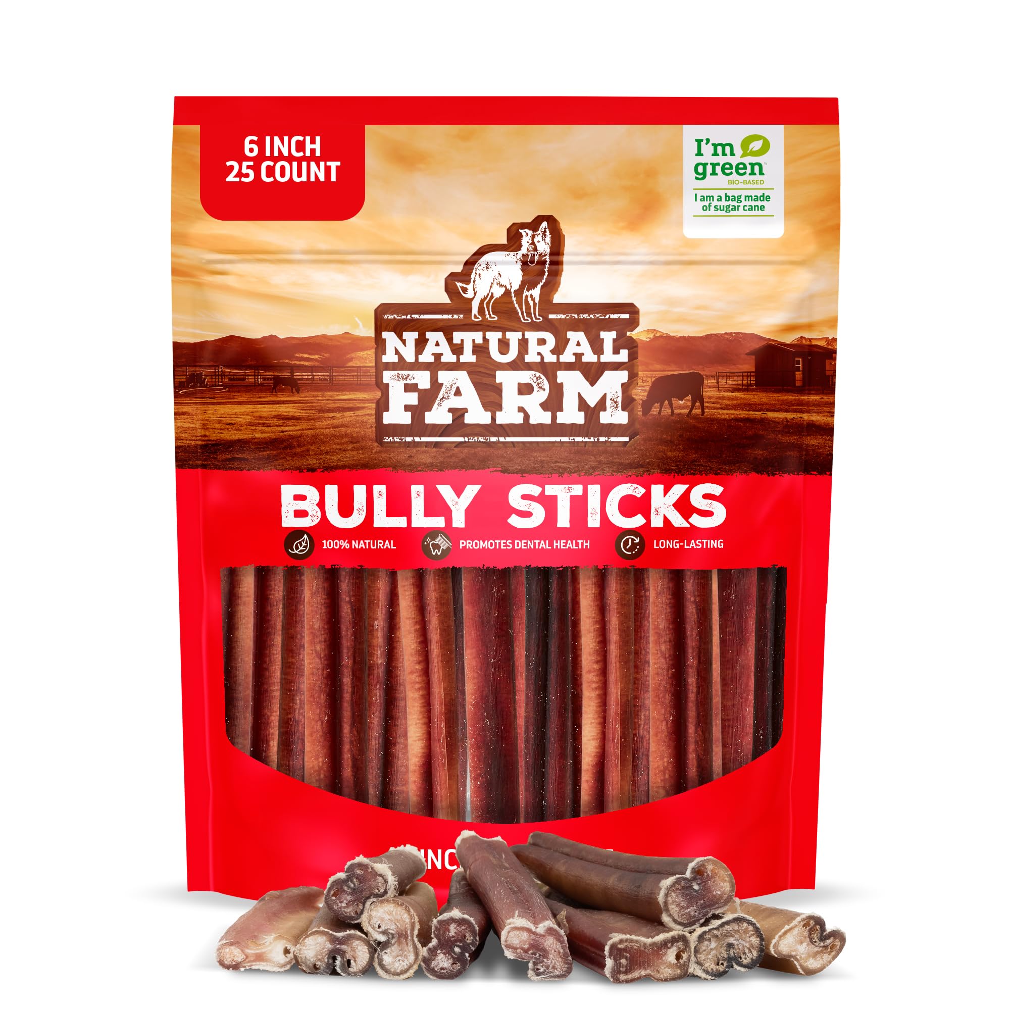 Natural Farm empaque frontal mostrando bolsa de 25 bully sticks y beneficios