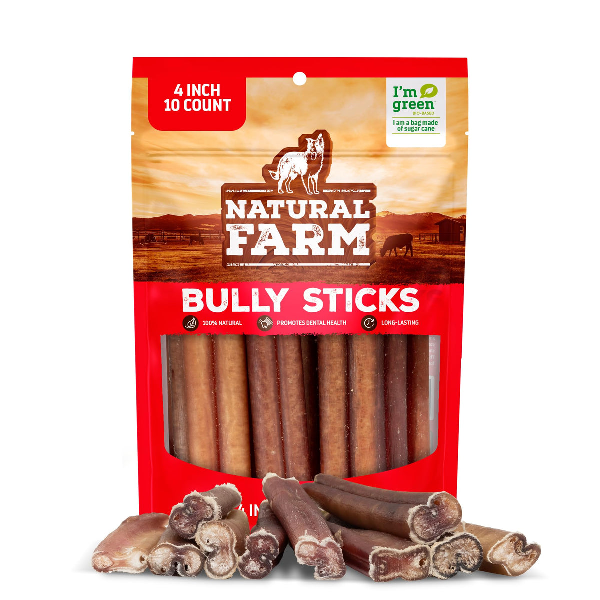 Natural Farm empaque frontal mostrando 10 bully sticks y beneficio de ingredientes claros