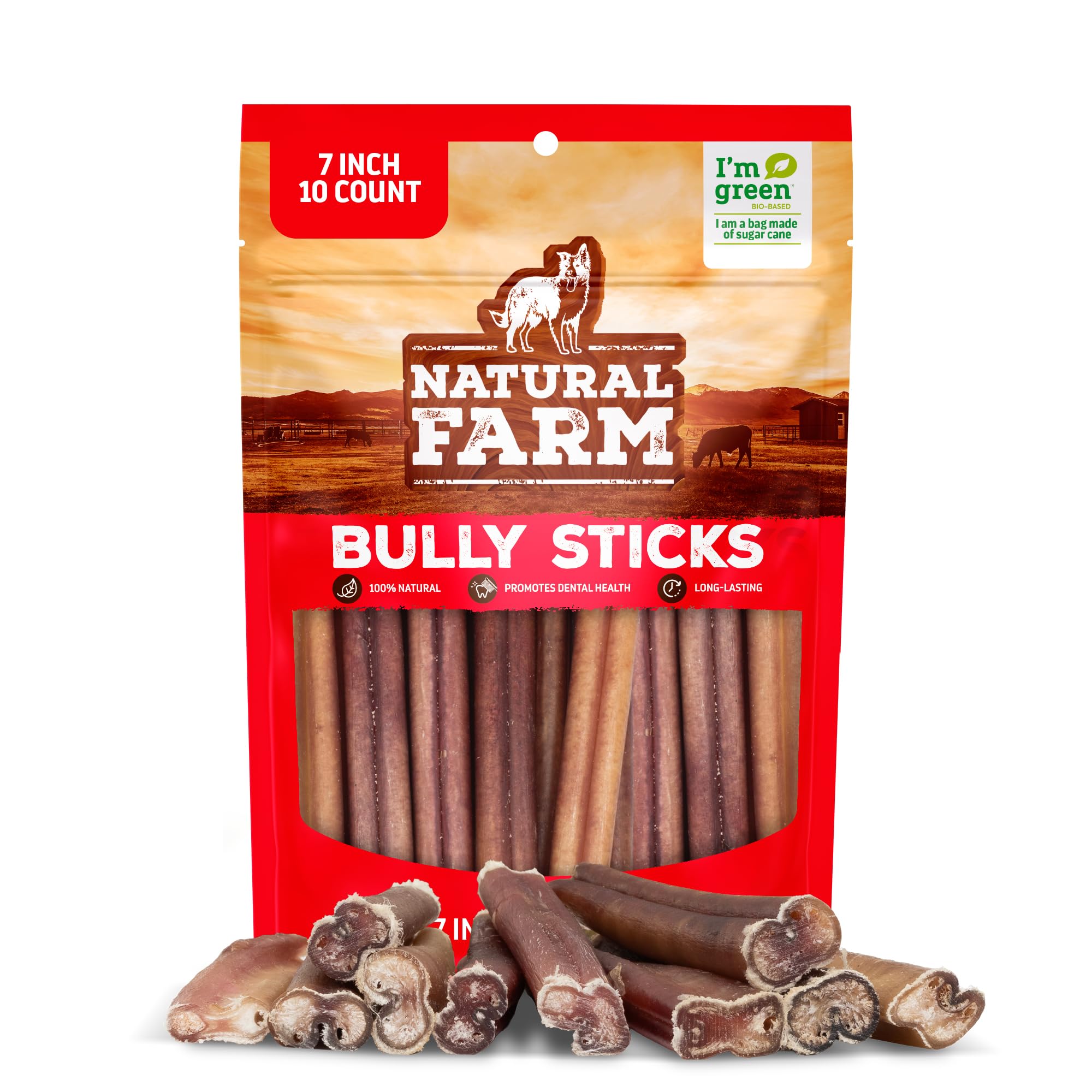 Natural Farm paquete frontal mostrando 10 bully sticks y beneficios claros