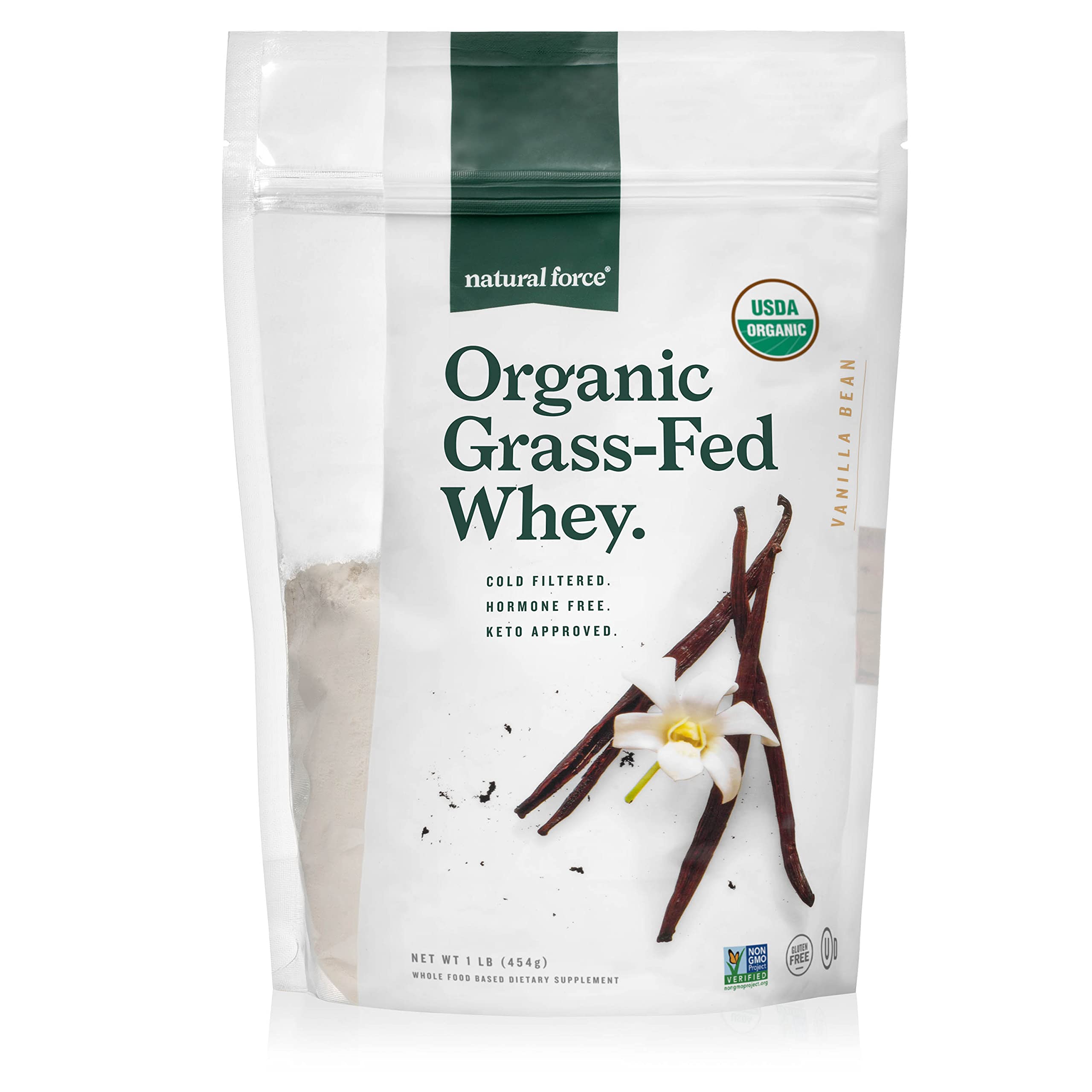 Natural Force frente del empaque mostrando sabor vainilla y beneficios
