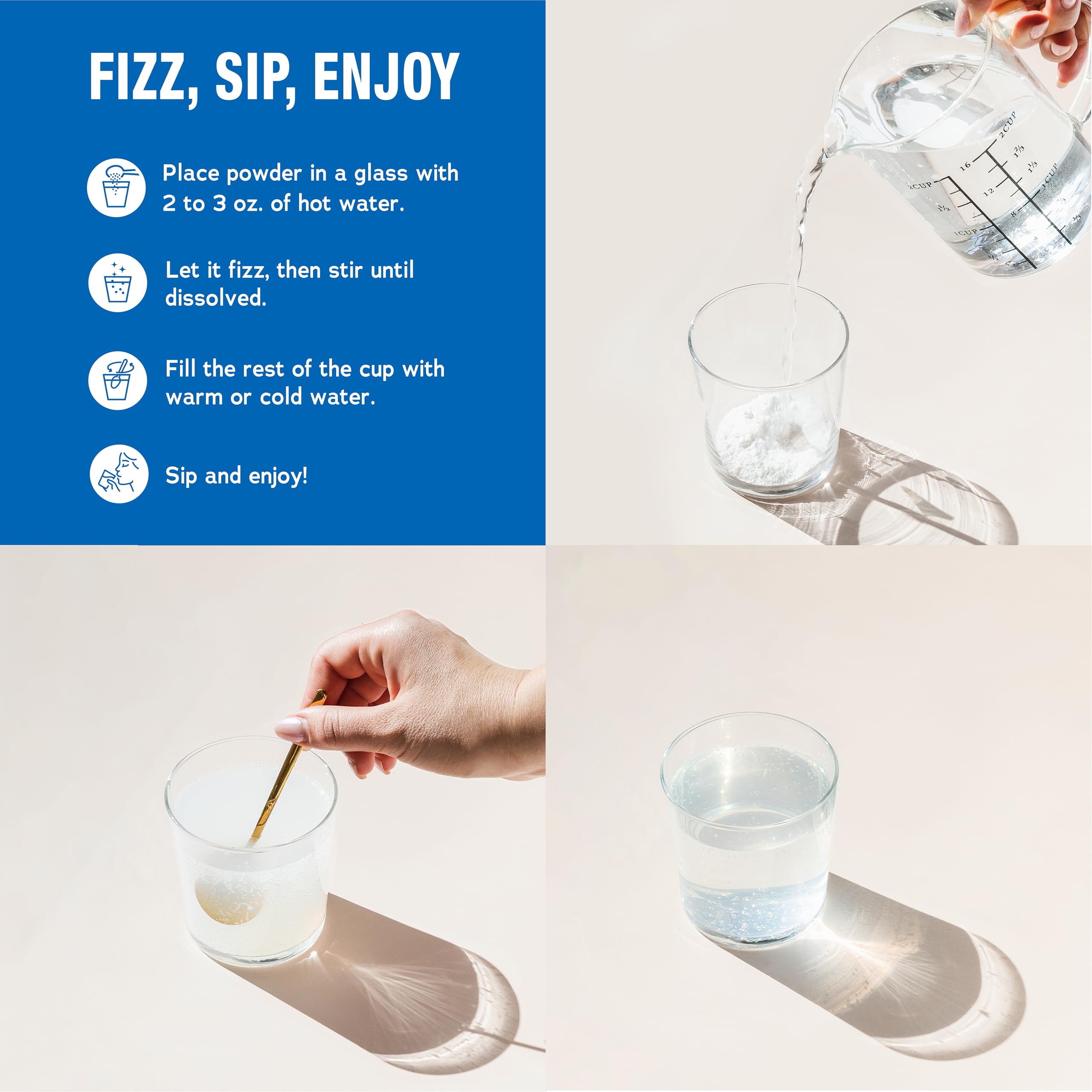 Natural Vitality being mixed in a glass demonstrating fizz and solubility