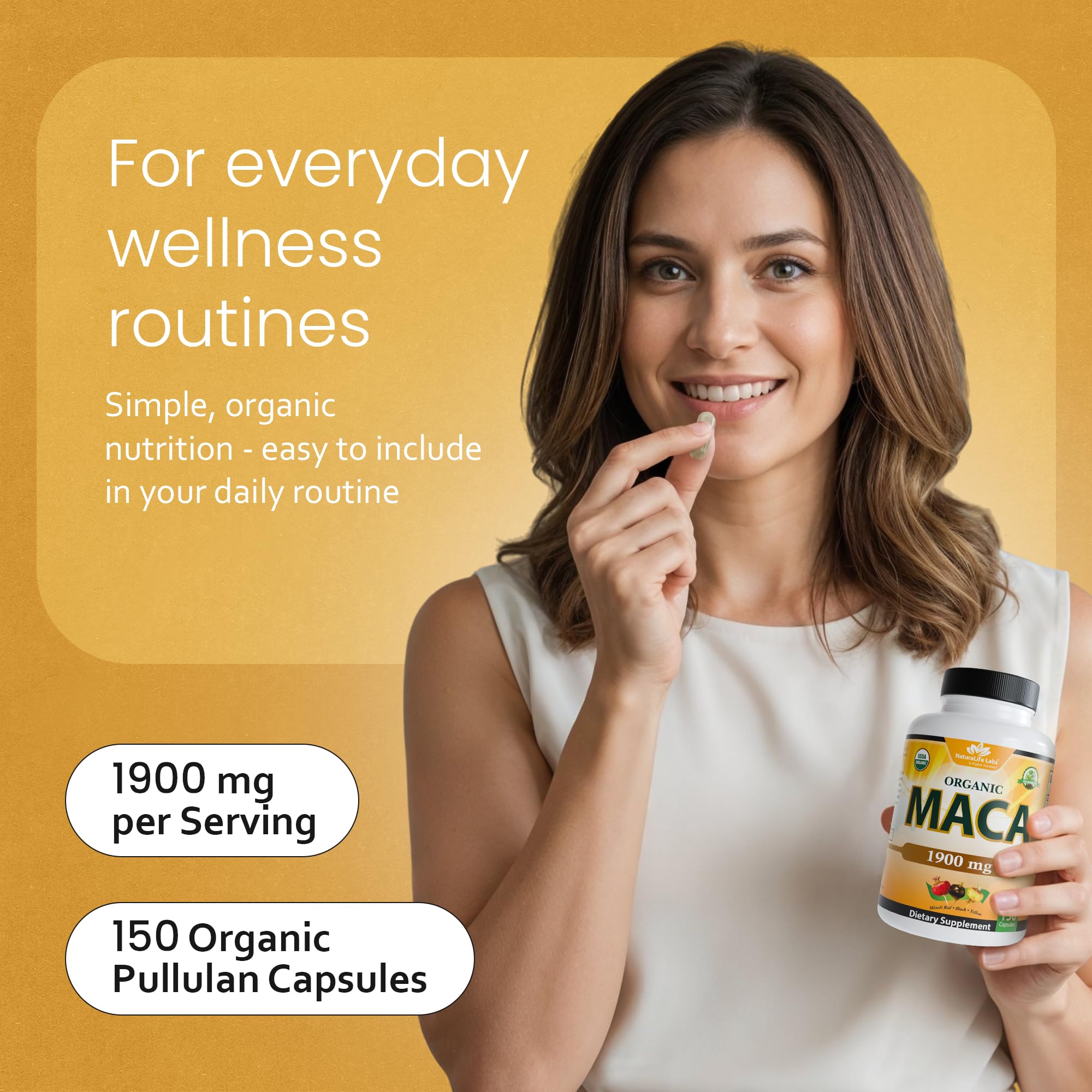 Cápsula de NaturaLife Labs maca en la palma para ilustrar tamaño y comodidad de consumo