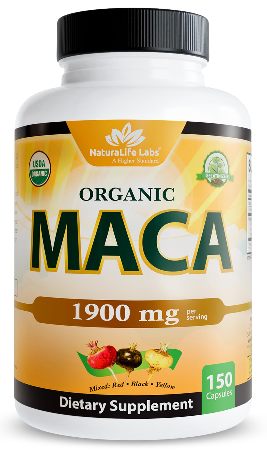 NaturaLife Labs frasco frontal de maca triple mezcla destacando 150 cápsulas y etiqueta clara