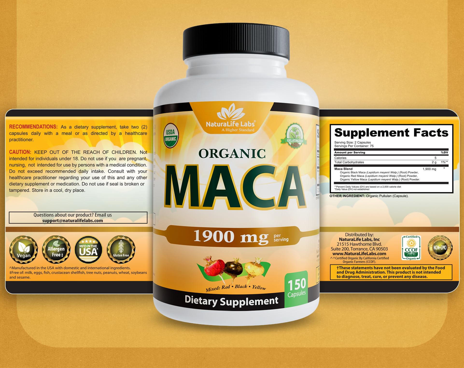 Granos y hojas junto a frasco NaturaLife Labs destacando ingredientes orgánicos certificados