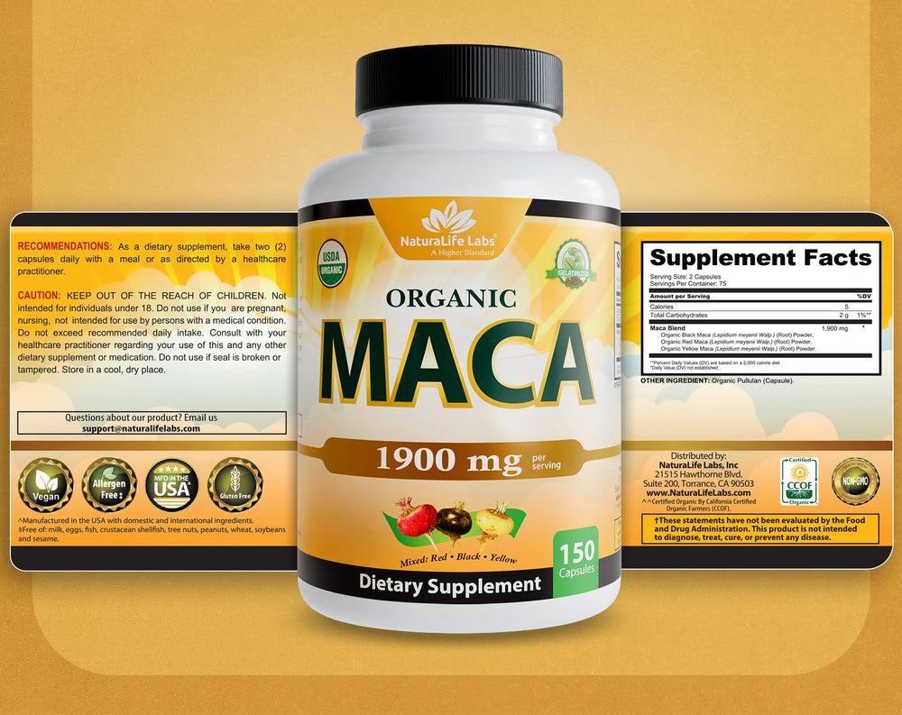 Granos y hojas junto a frasco NaturaLife Labs destacando ingredientes orgánicos certificados