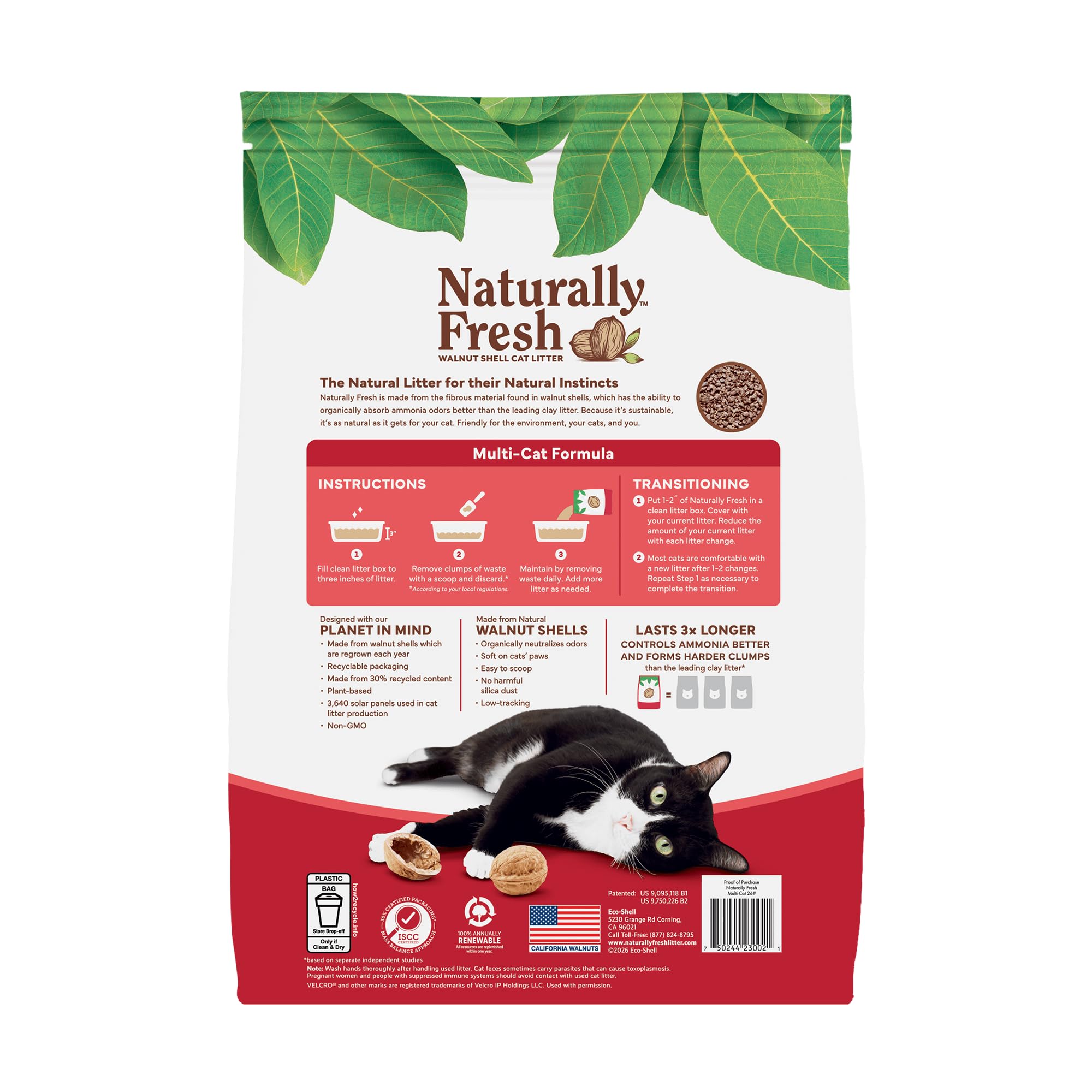Caja de arena con Naturally Fresh en uso por gato, control de olores y formación de grumos