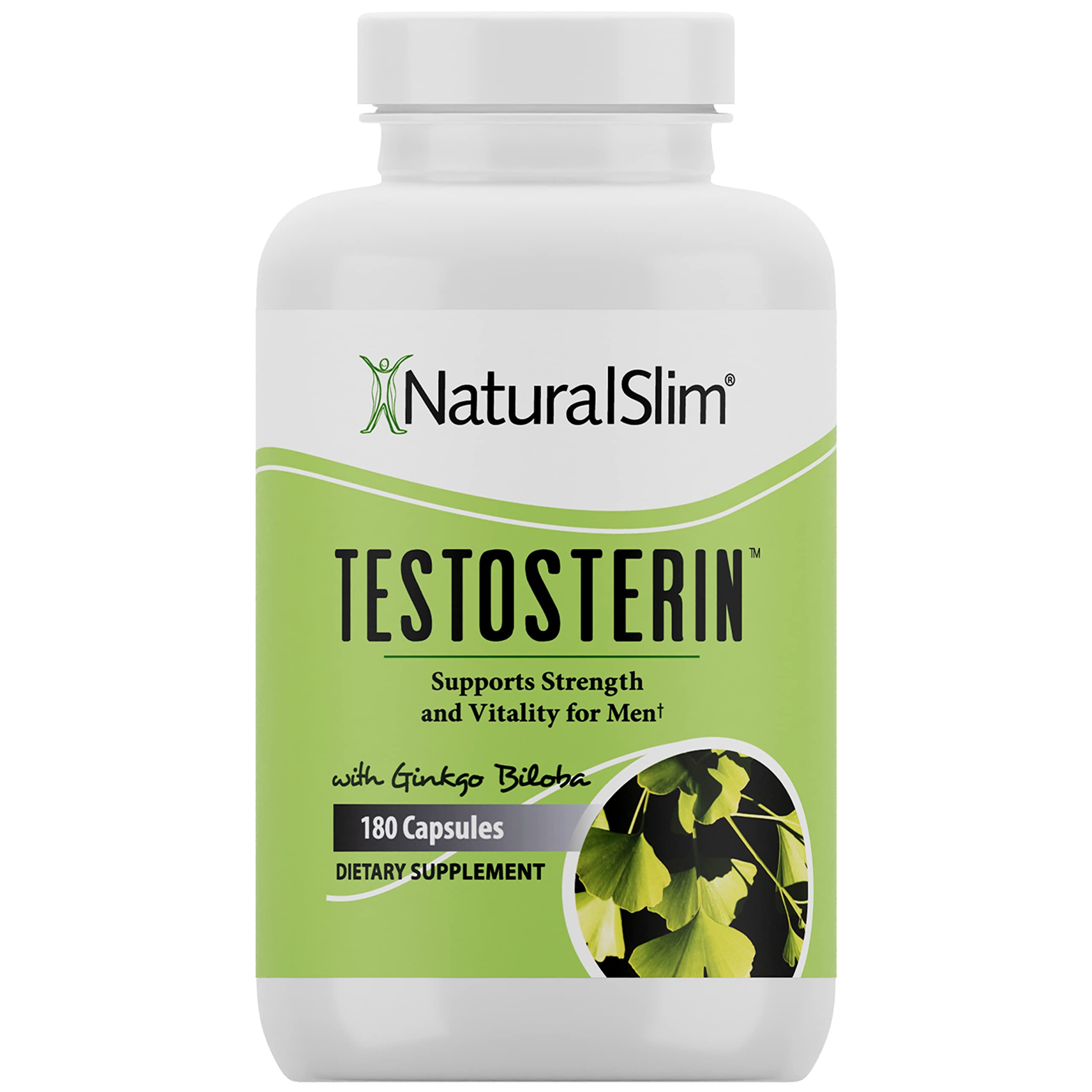 NaturalSlim bottle front view highlighting 180 capsules and male support benefits